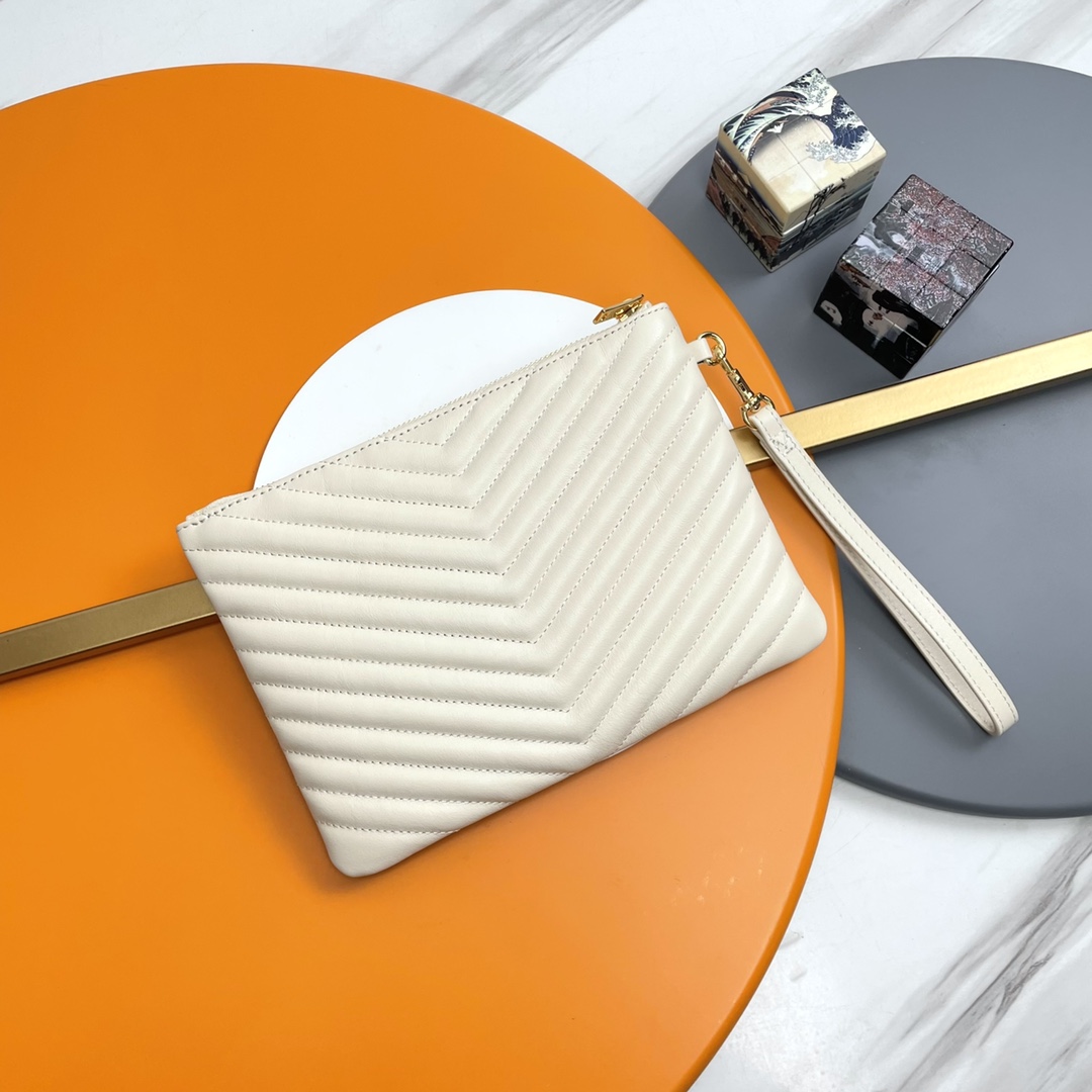 SAINT LAURENT Clutch Bag in White Twill Leather