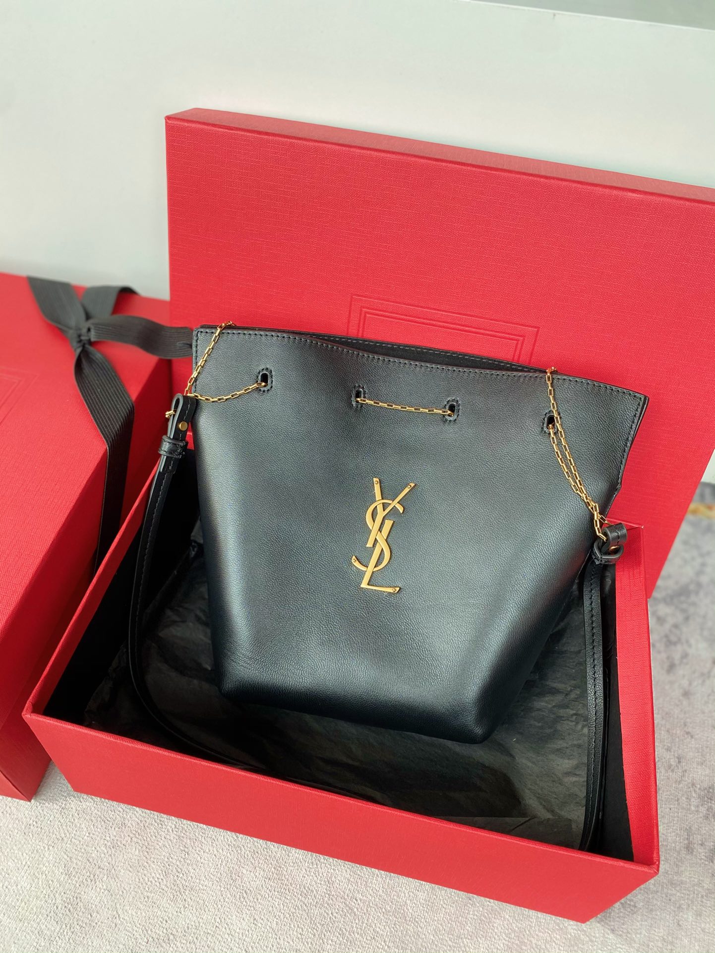 Saint Laurent Mini Leather Bucket Bag in Vintage Gold