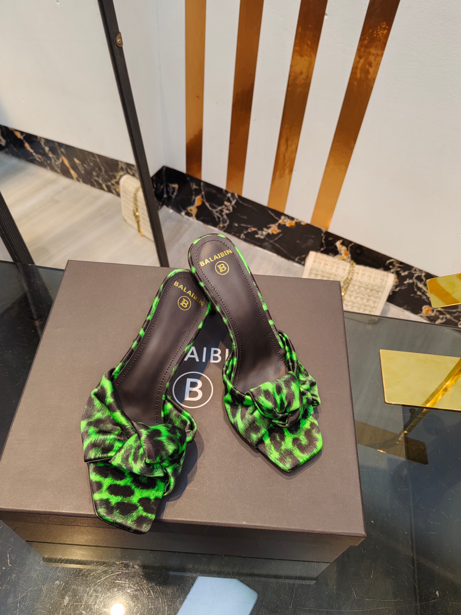 Balmain Square-Toed Leopard Print High-Heeled Slippers