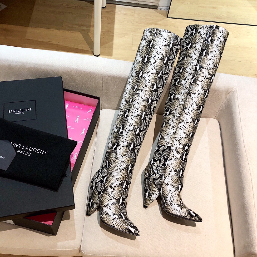 Saint Laurent Snakeskin Pointed-Toe Long Boots