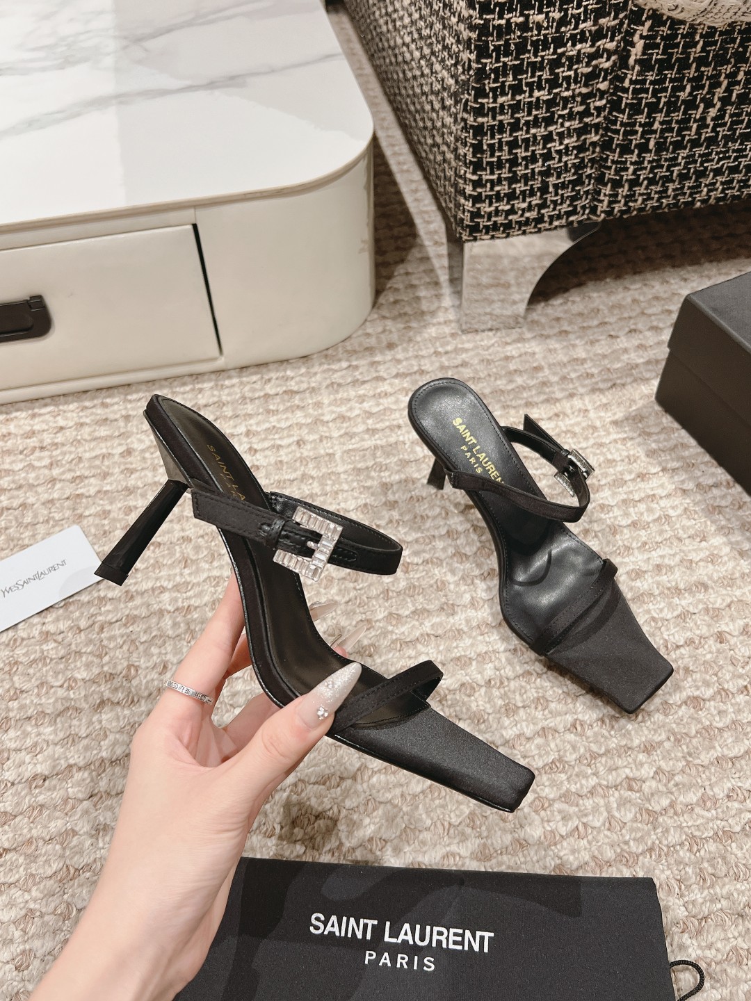 Saint Laurent Pearl-Embellished Calfskin High-Heel Sandals