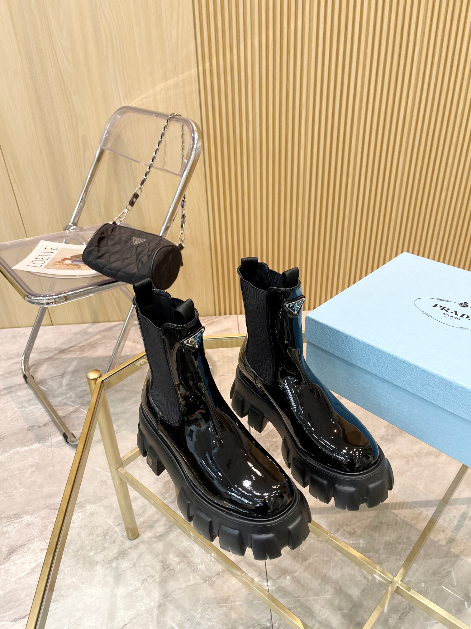 Prada Chunky Heeled Patent Leather Short Boots