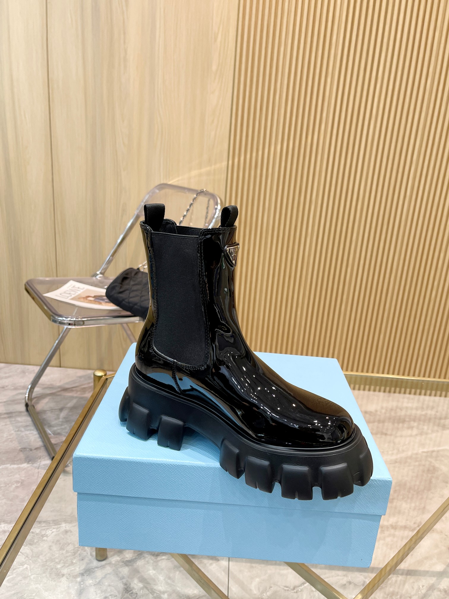 Prada Chunky Heeled Patent Leather Short Boots