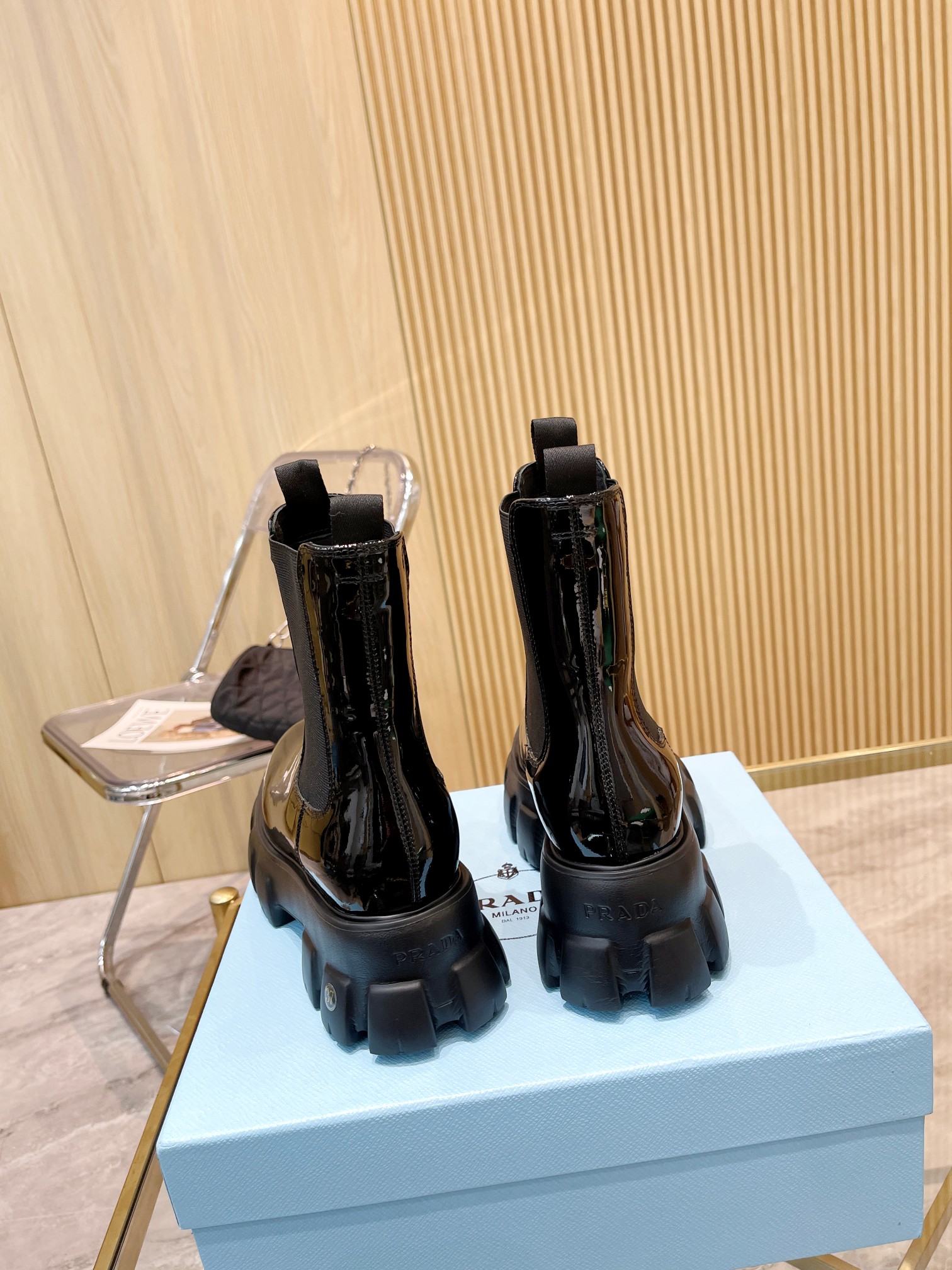 Prada Chunky Heeled Patent Leather Short Boots