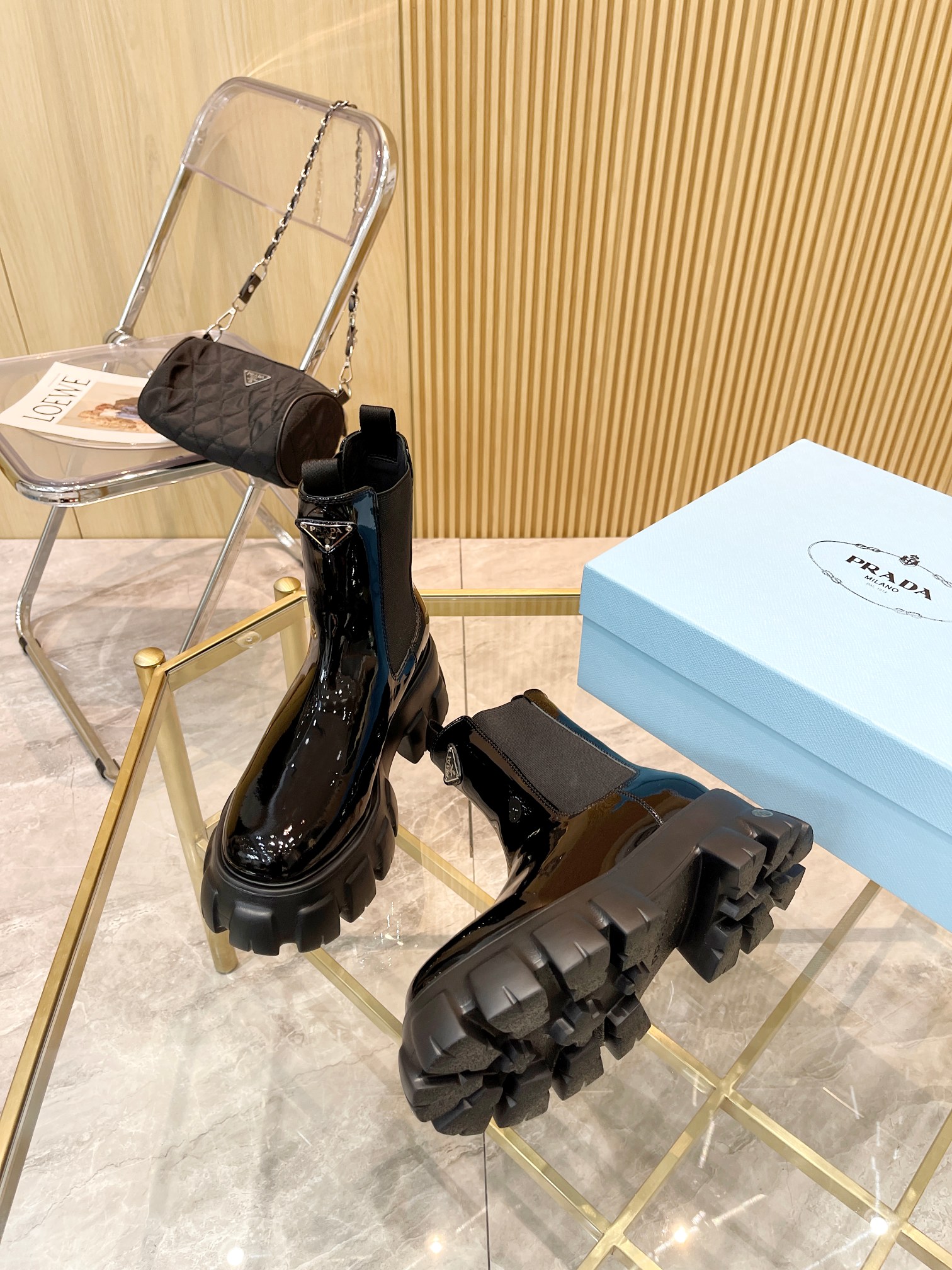 Prada Chunky Heeled Patent Leather Short Boots