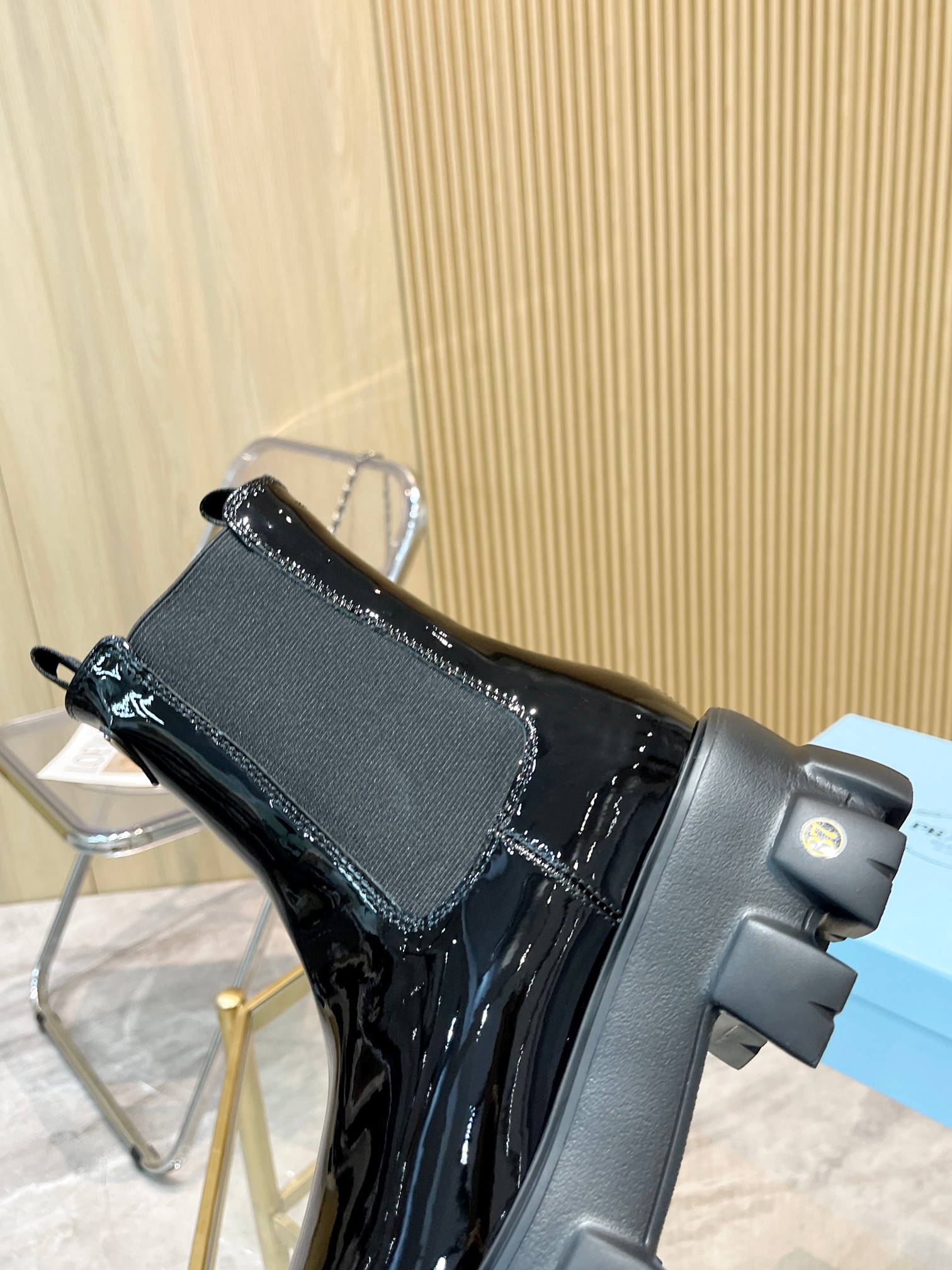 Prada Chunky Heeled Patent Leather Short Boots