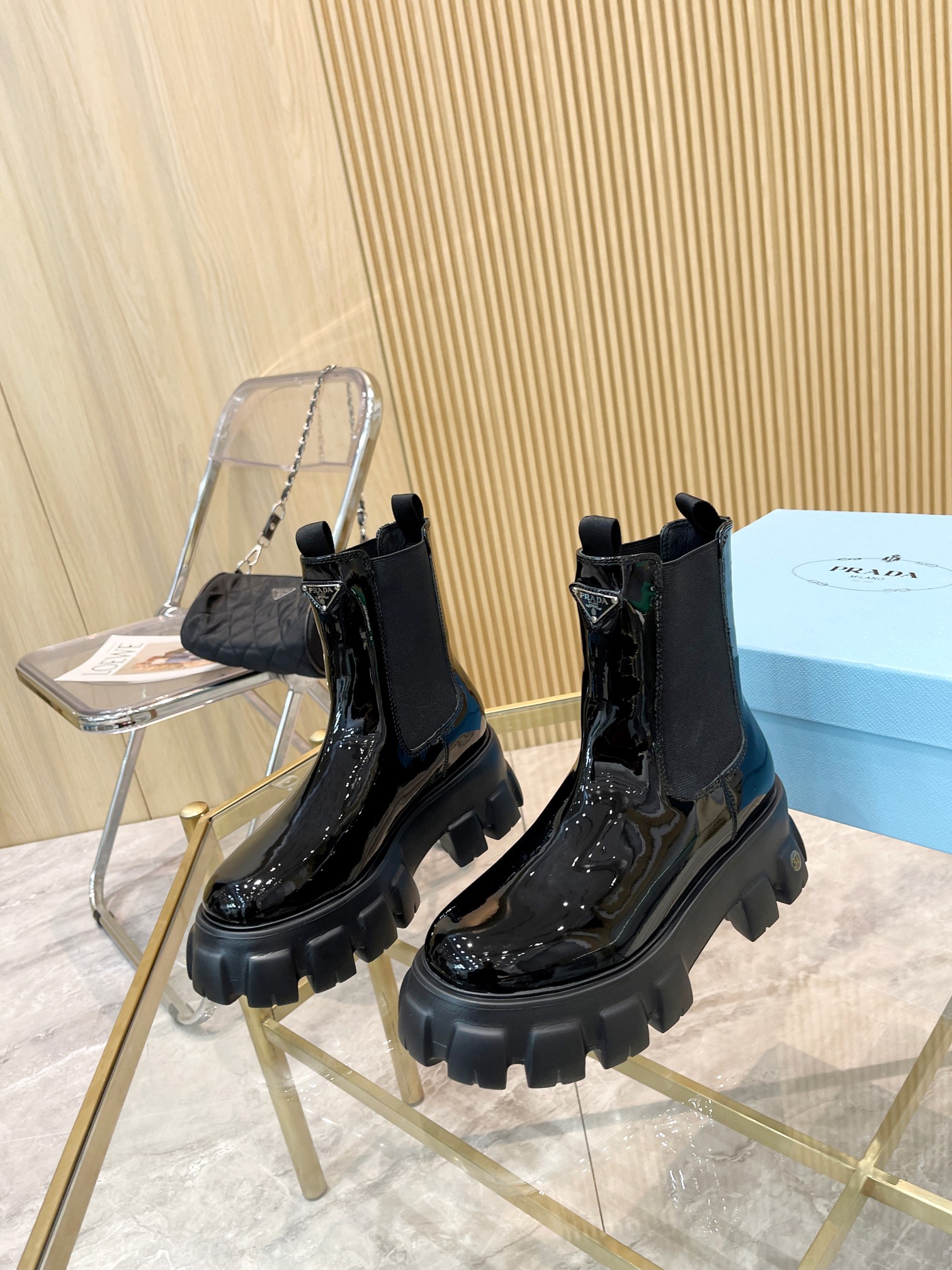 Prada Chunky Heeled Patent Leather Short Boots