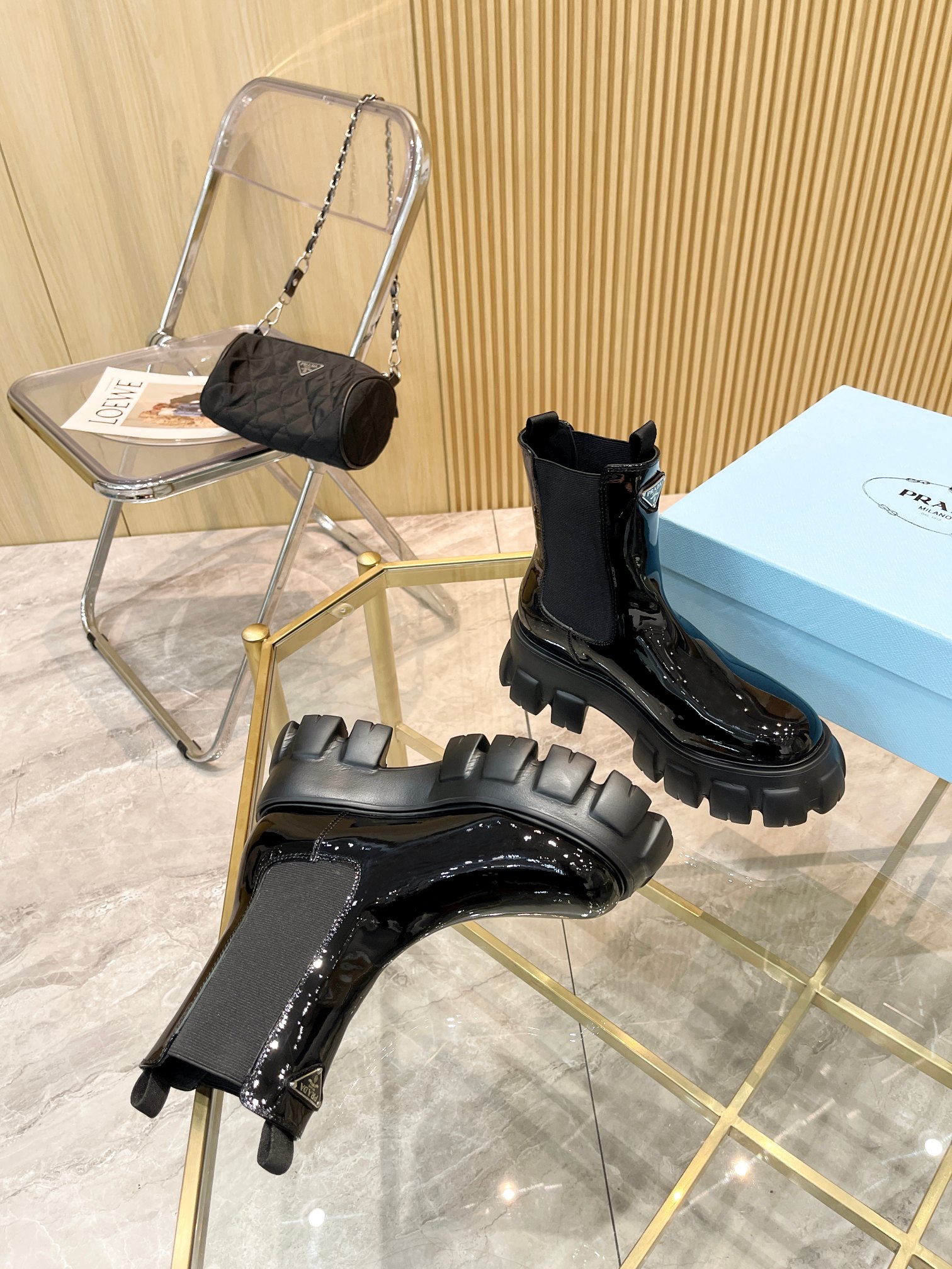 Prada Chunky Heeled Patent Leather Short Boots