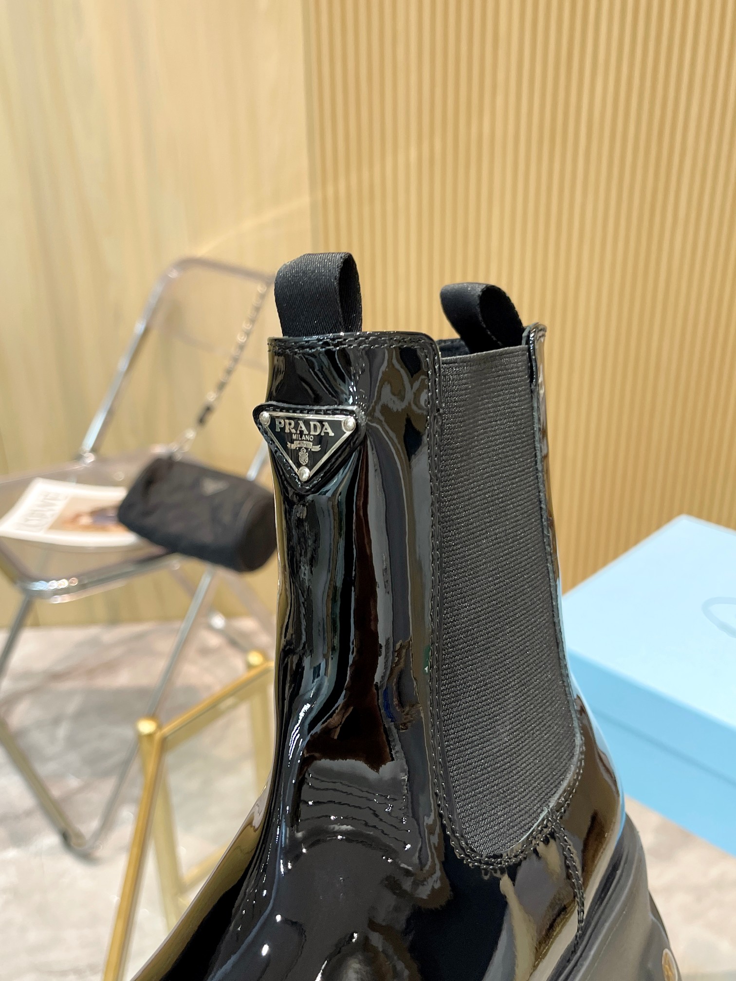 Prada Chunky Heeled Patent Leather Short Boots