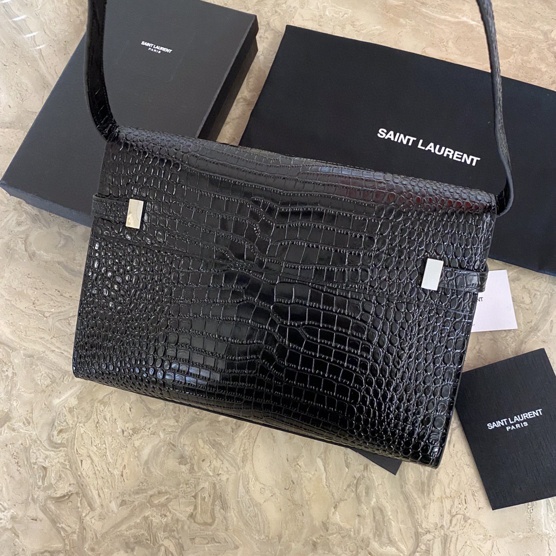 Saint Laurent Manhattan Crocodile-Embossed Flap French Baguette Bag