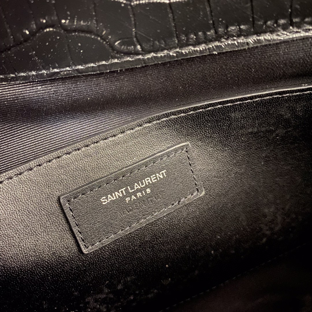 Saint Laurent Manhattan Crocodile-Embossed Flap French Baguette Bag
