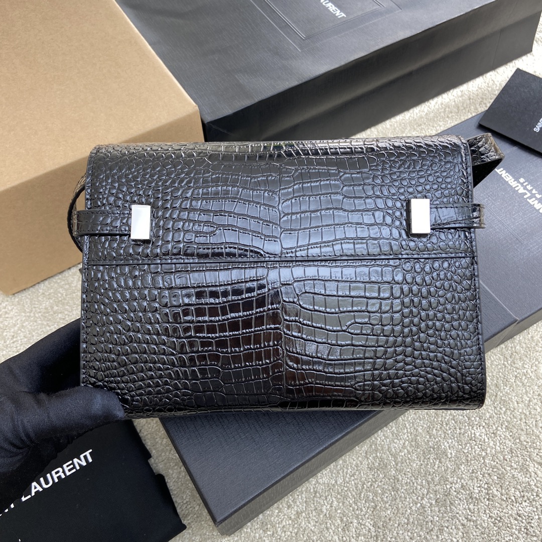 Saint Laurent Manhattan Crocodile-Embossed Flap French Baguette Bag