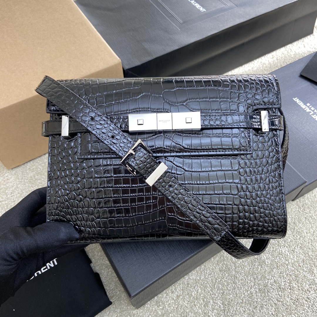 Saint Laurent Manhattan Crocodile-Embossed Flap French Baguette Bag