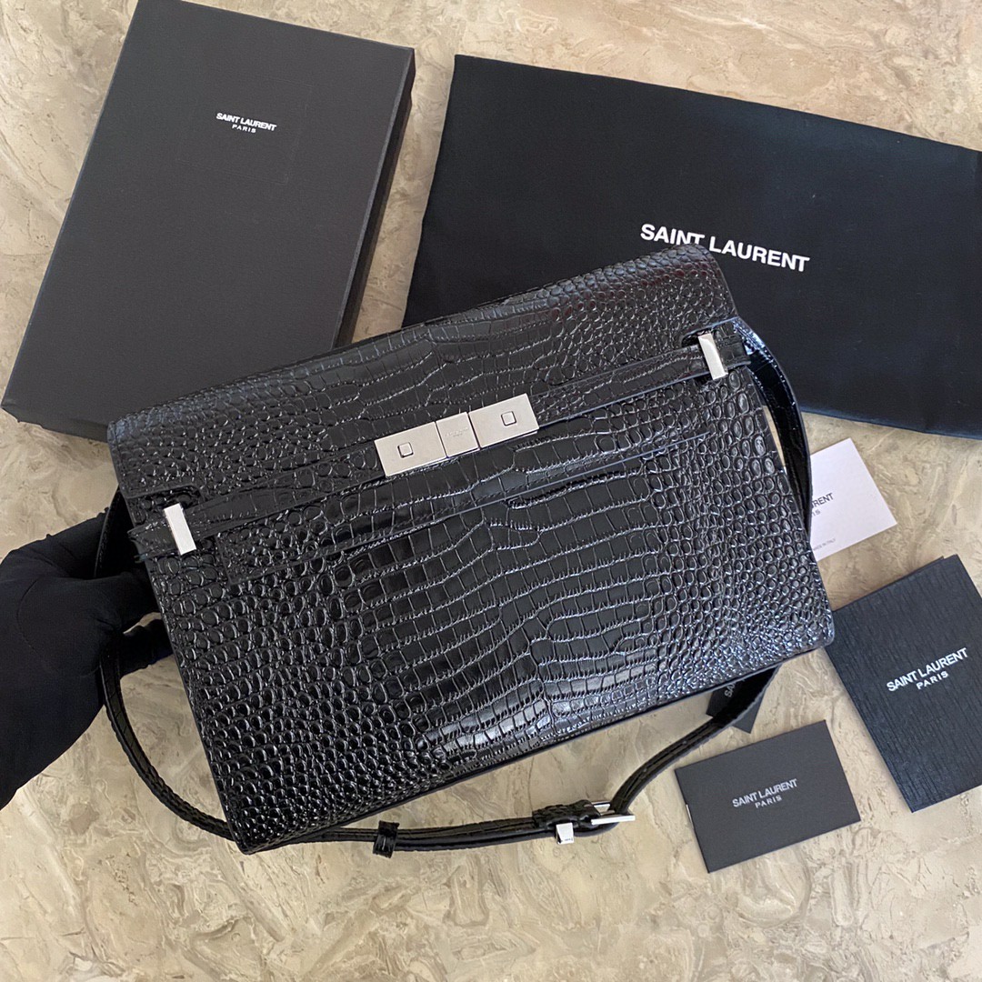 Saint Laurent Manhattan Crocodile-Embossed Flap French Baguette Bag