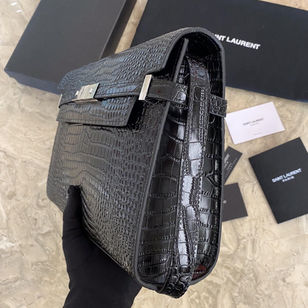 Saint Laurent Manhattan Crocodile-Embossed Flap French Baguette Bag