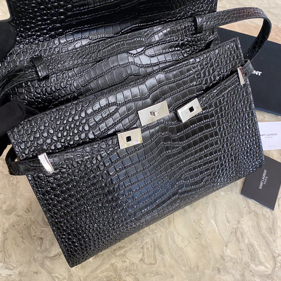 Saint Laurent Manhattan Crocodile-Embossed Flap French Baguette Bag