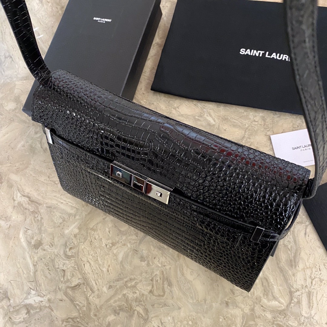 Saint Laurent Manhattan Crocodile-Embossed Flap French Baguette Bag