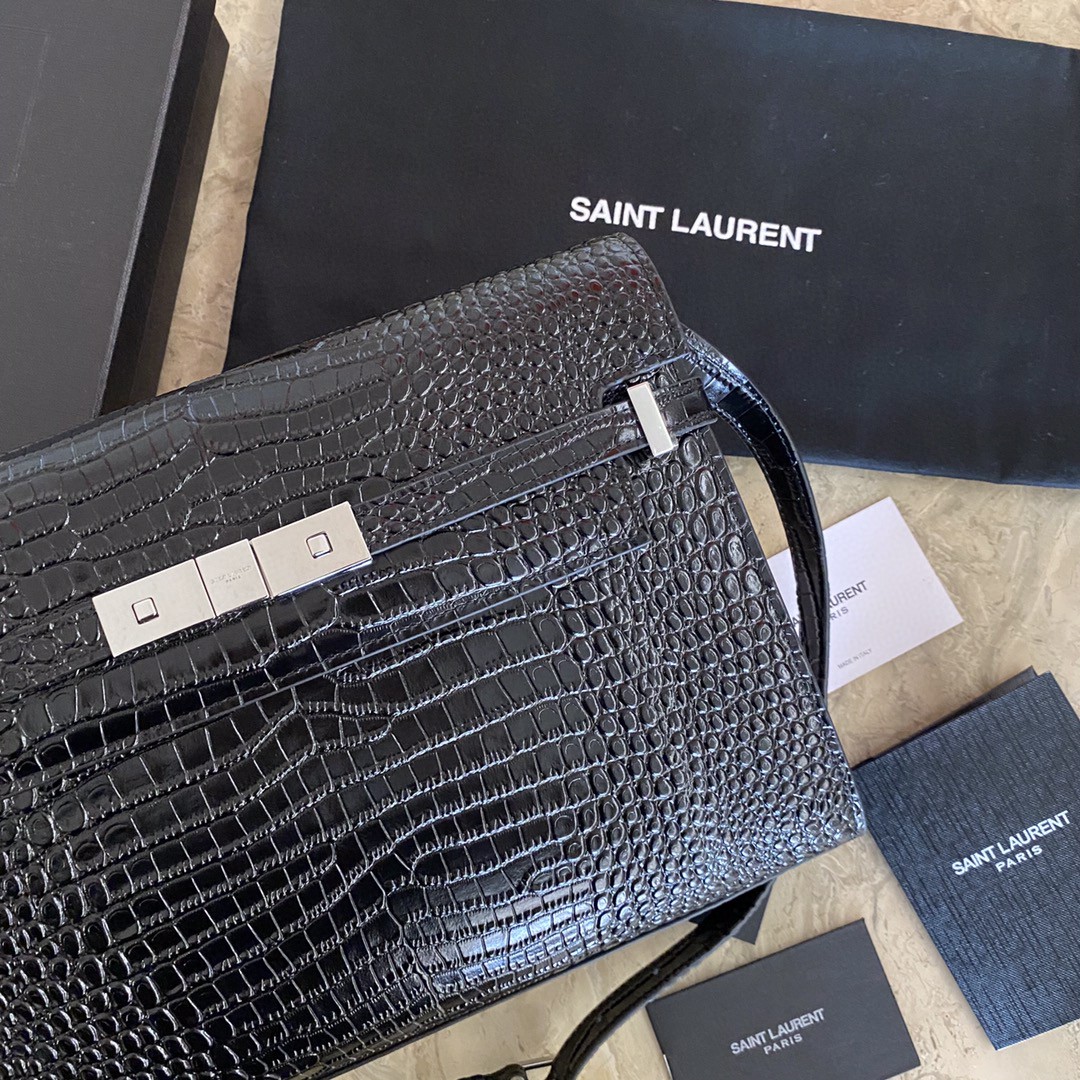 Saint Laurent Manhattan Crocodile-Embossed Flap French Baguette Bag