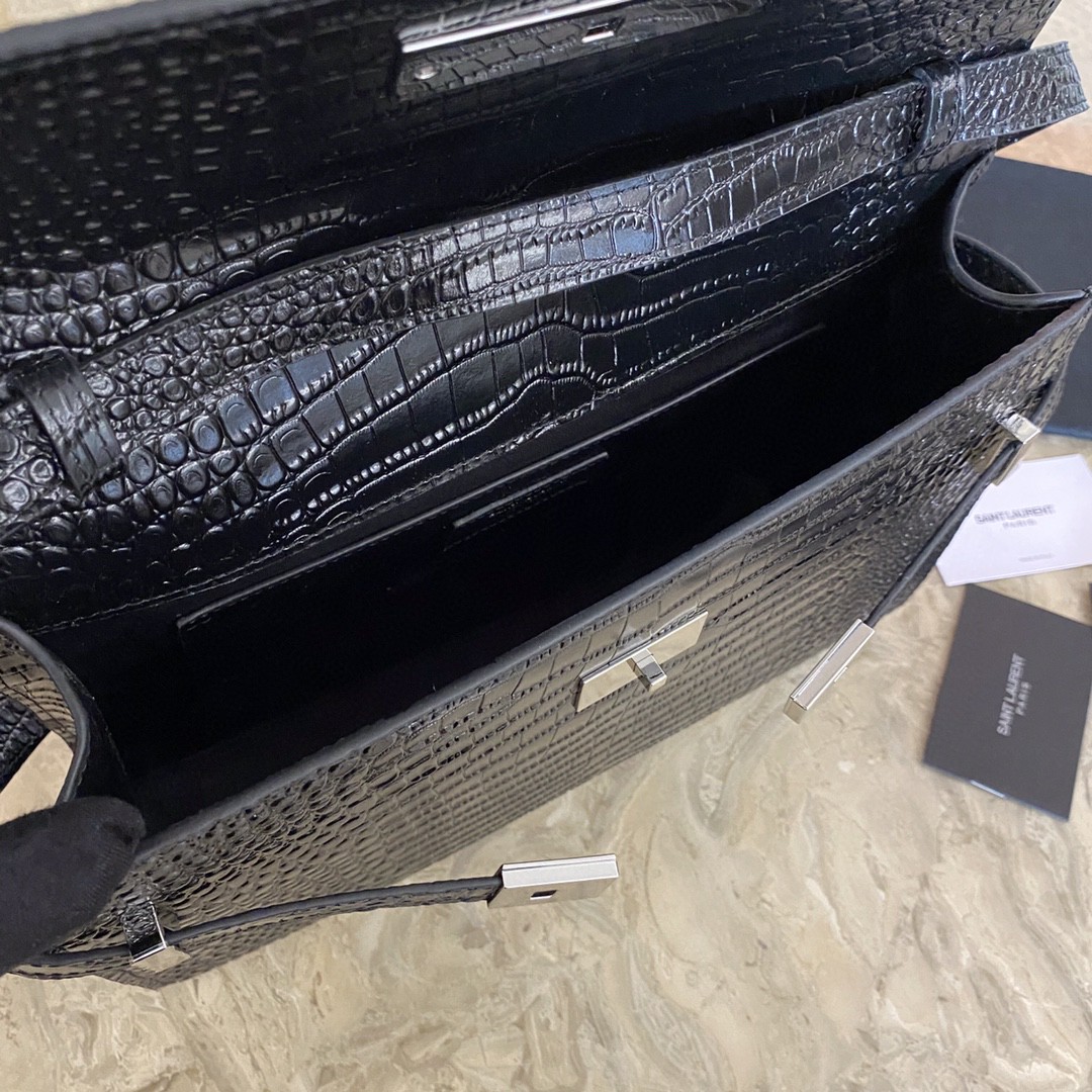 Saint Laurent Manhattan Crocodile-Embossed Flap French Baguette Bag