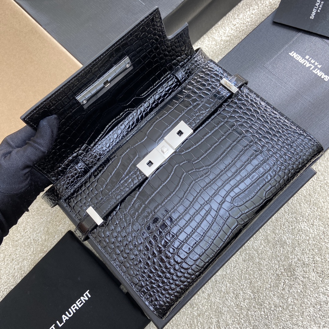 Saint Laurent Manhattan Crocodile-Embossed Flap French Baguette Bag