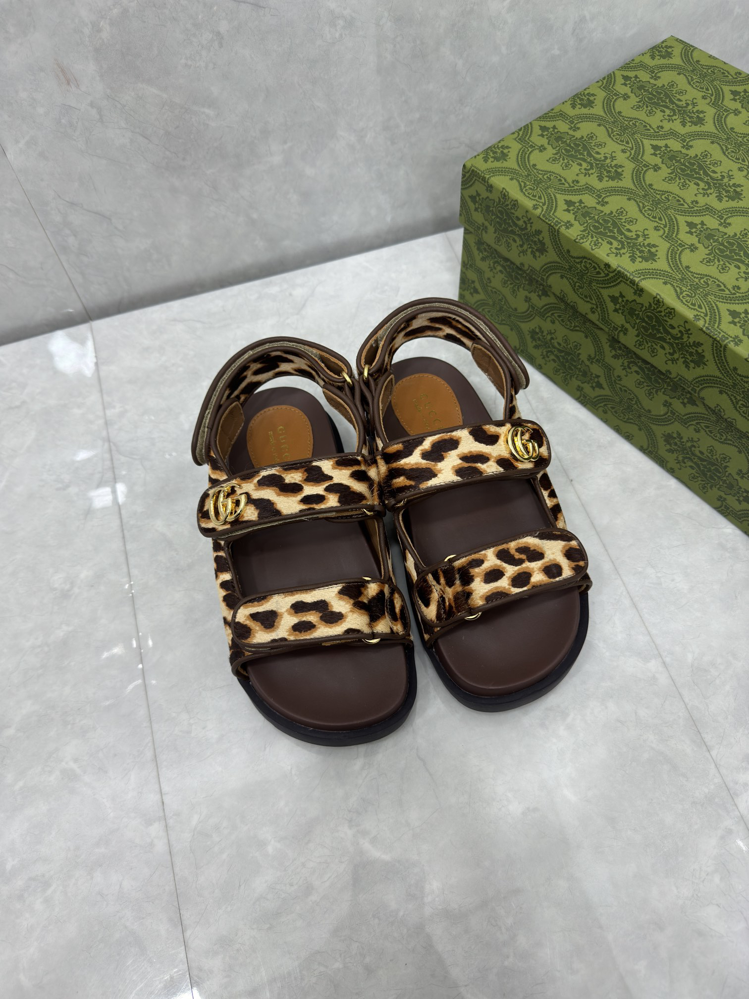 Gucci Leopard-Print Calfskin Sandals