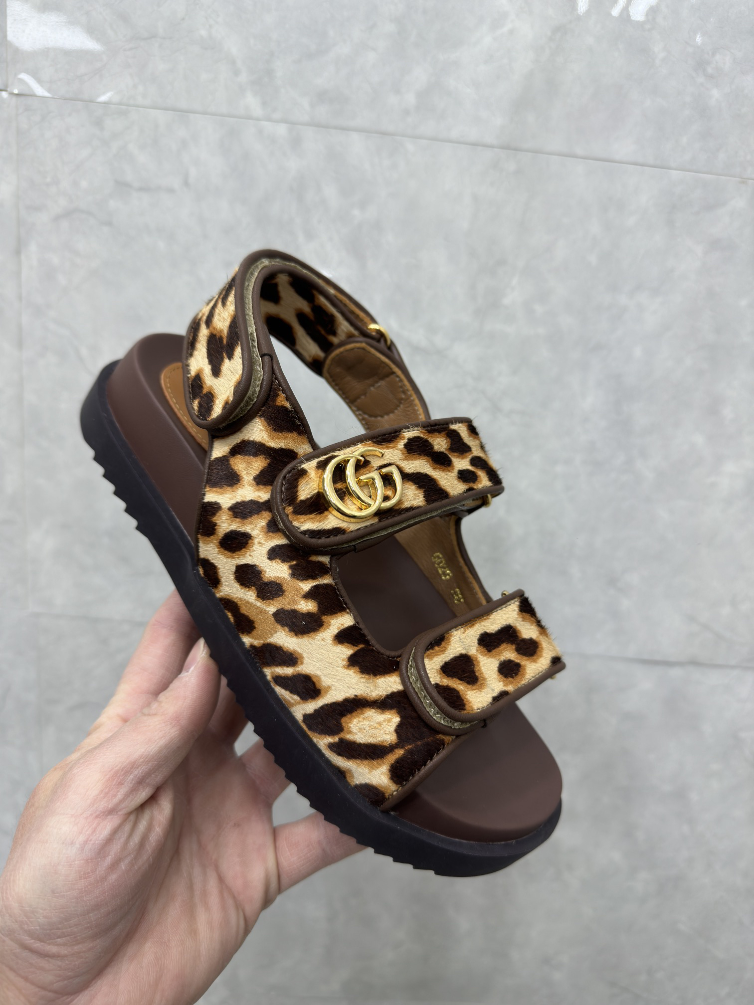 Gucci Leopard-Print Calfskin Sandals