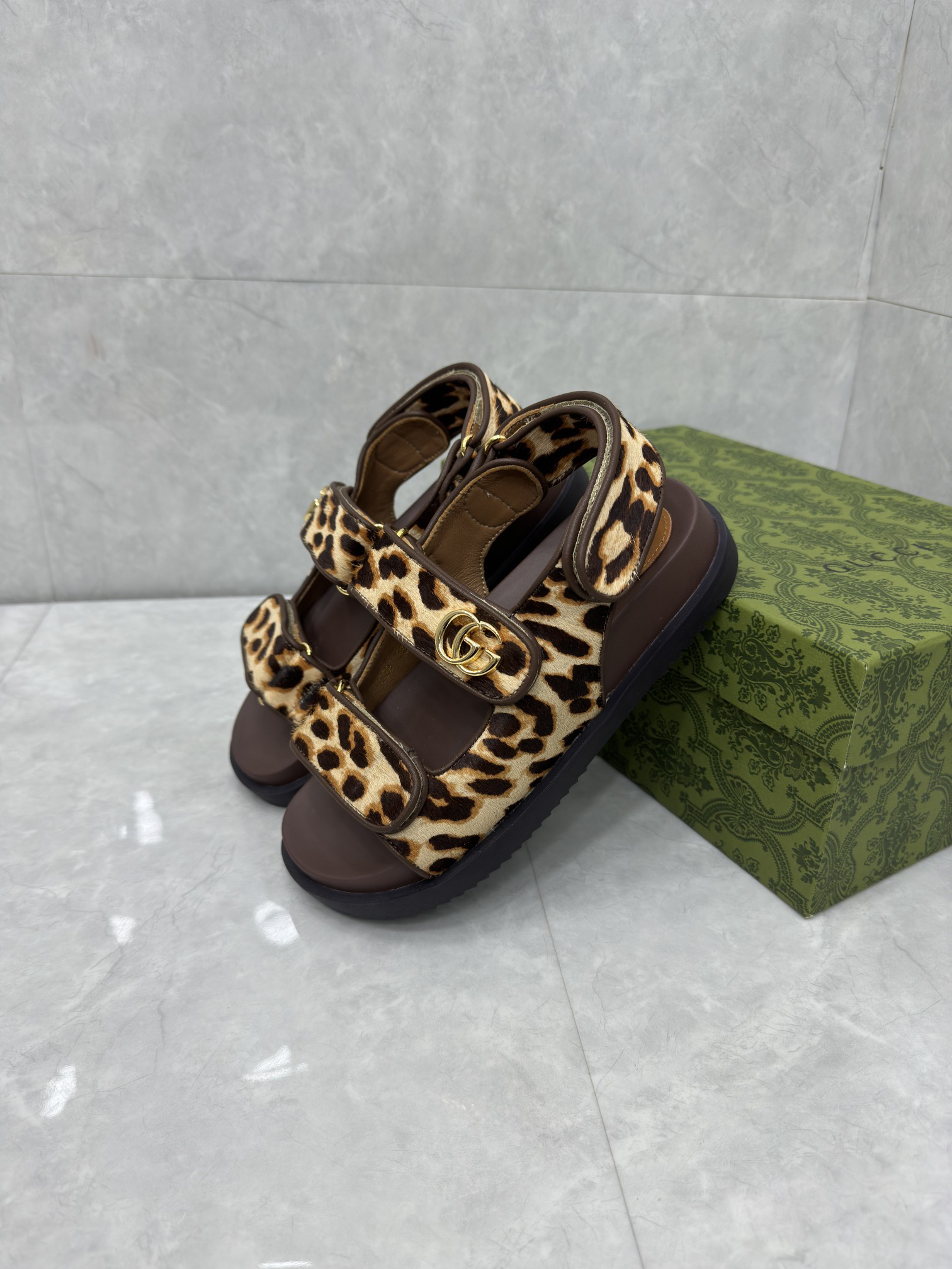 Gucci Leopard-Print Calfskin Sandals