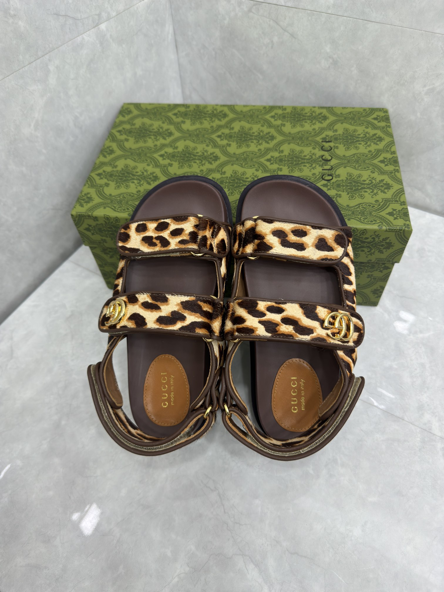 Gucci Leopard-Print Calfskin Sandals