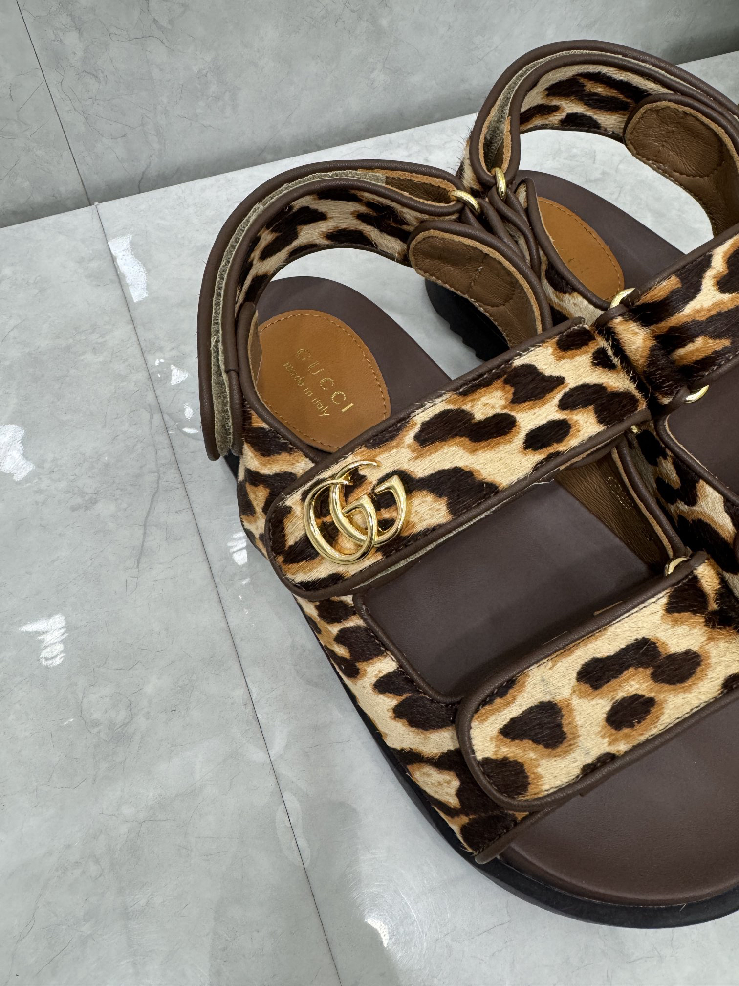 Gucci Leopard-Print Calfskin Sandals