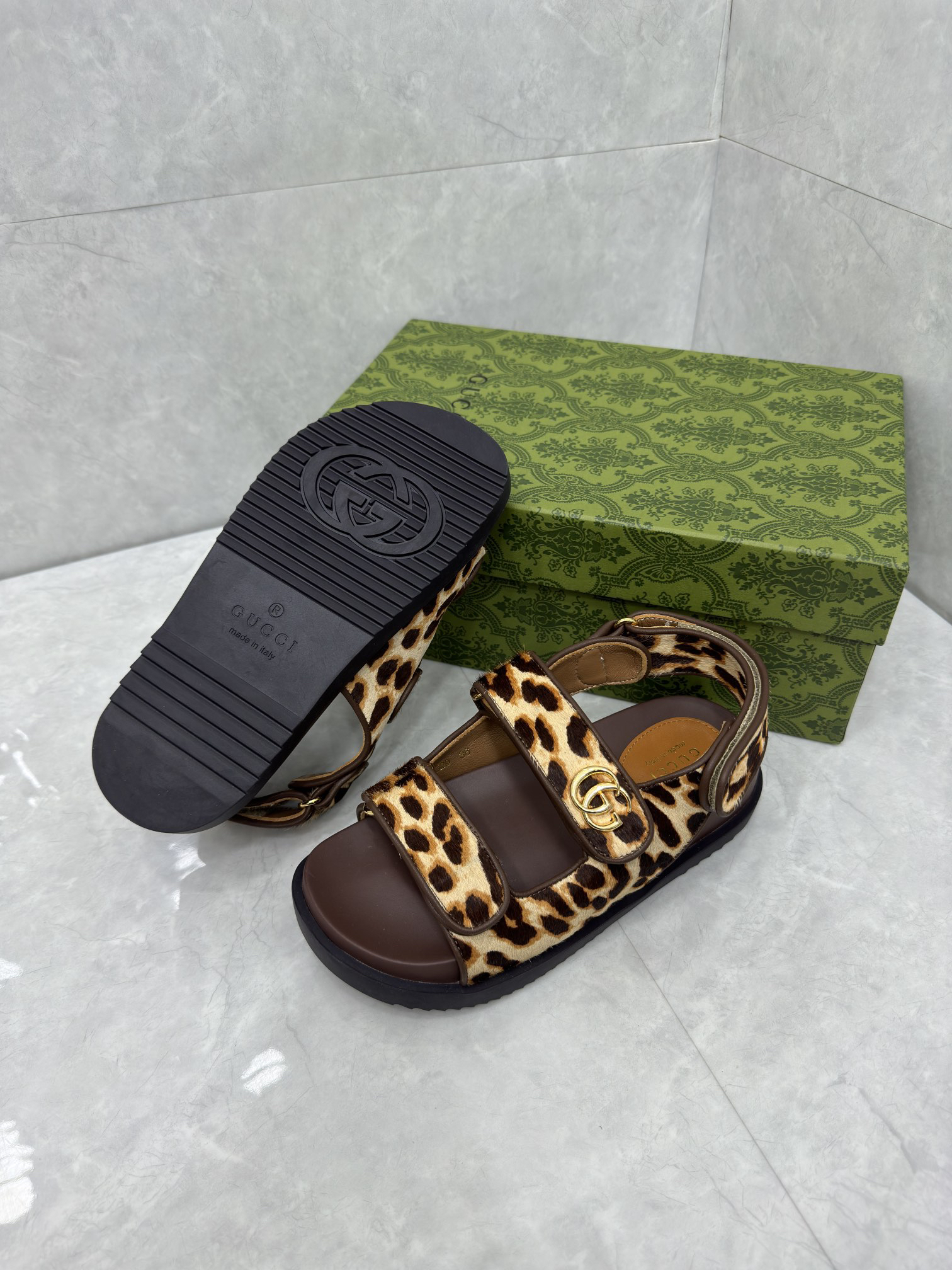 Gucci Leopard-Print Calfskin Sandals