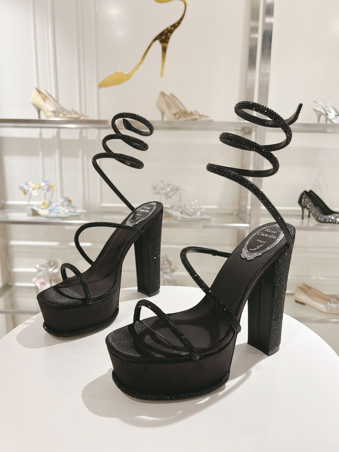 Rene Caovilla Snake-Patterned Cleo Thick-Soled High-Heel Sandals