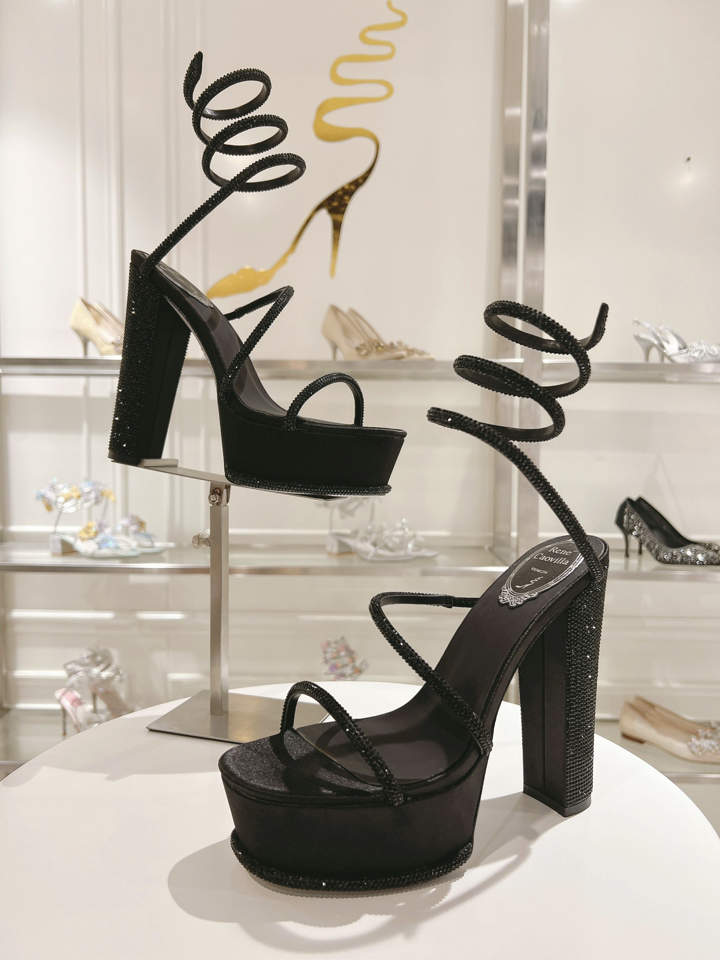 Rene Caovilla Snake-Patterned Cleo Thick-Soled High-Heel Sandals