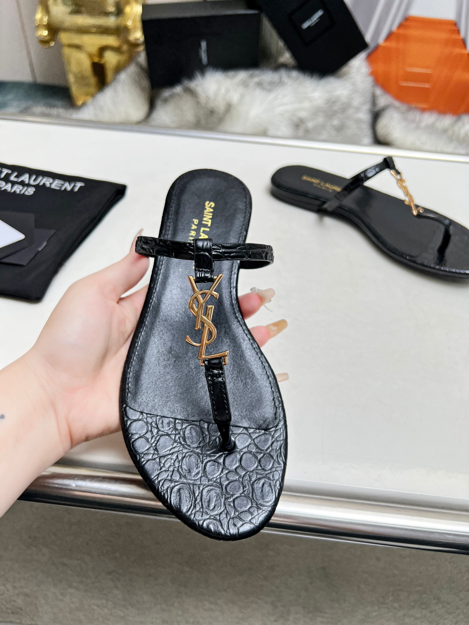 Saint Laurent YSL Lambskin Flip Flops