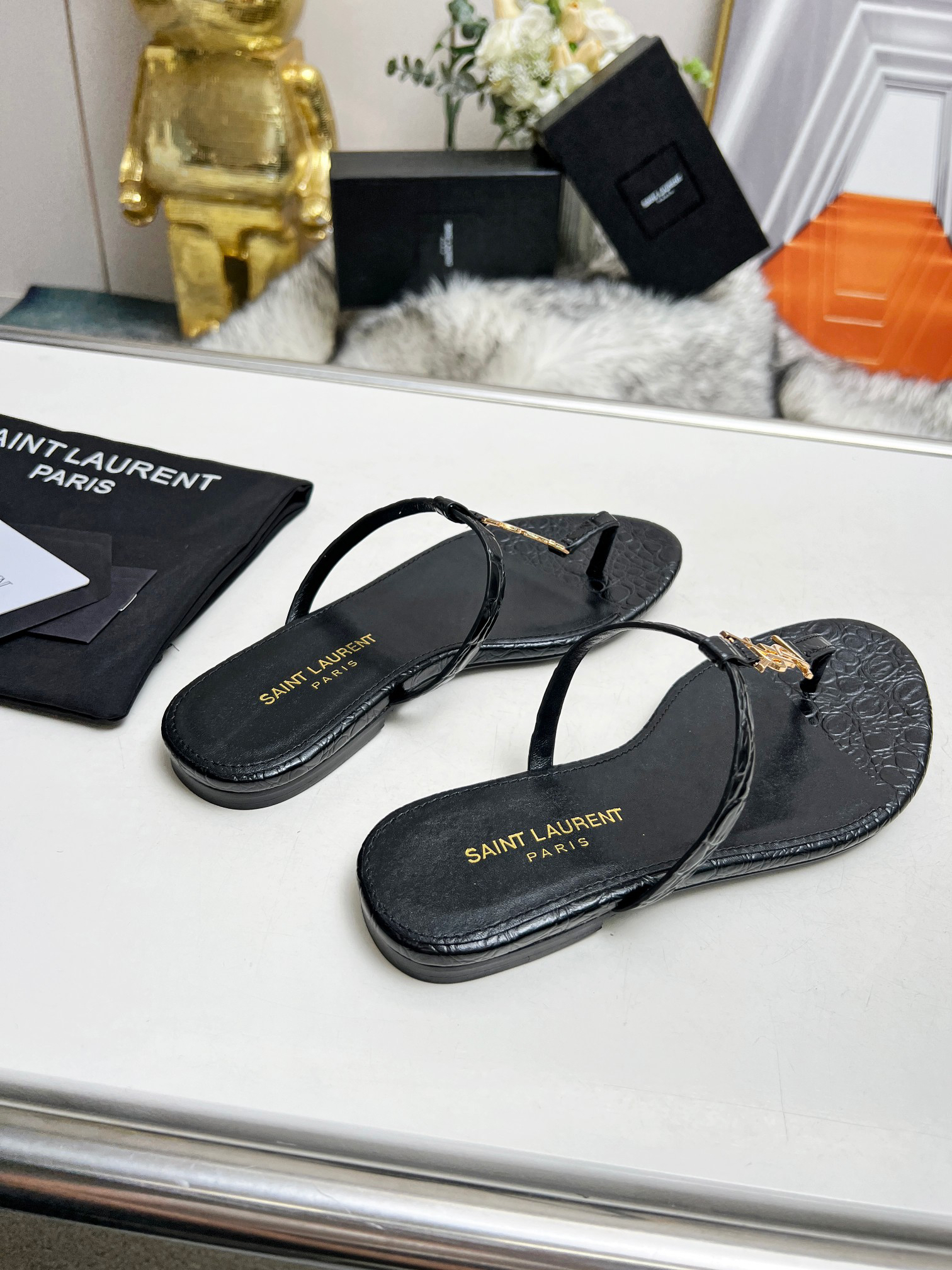 Saint Laurent YSL Lambskin Flip Flops