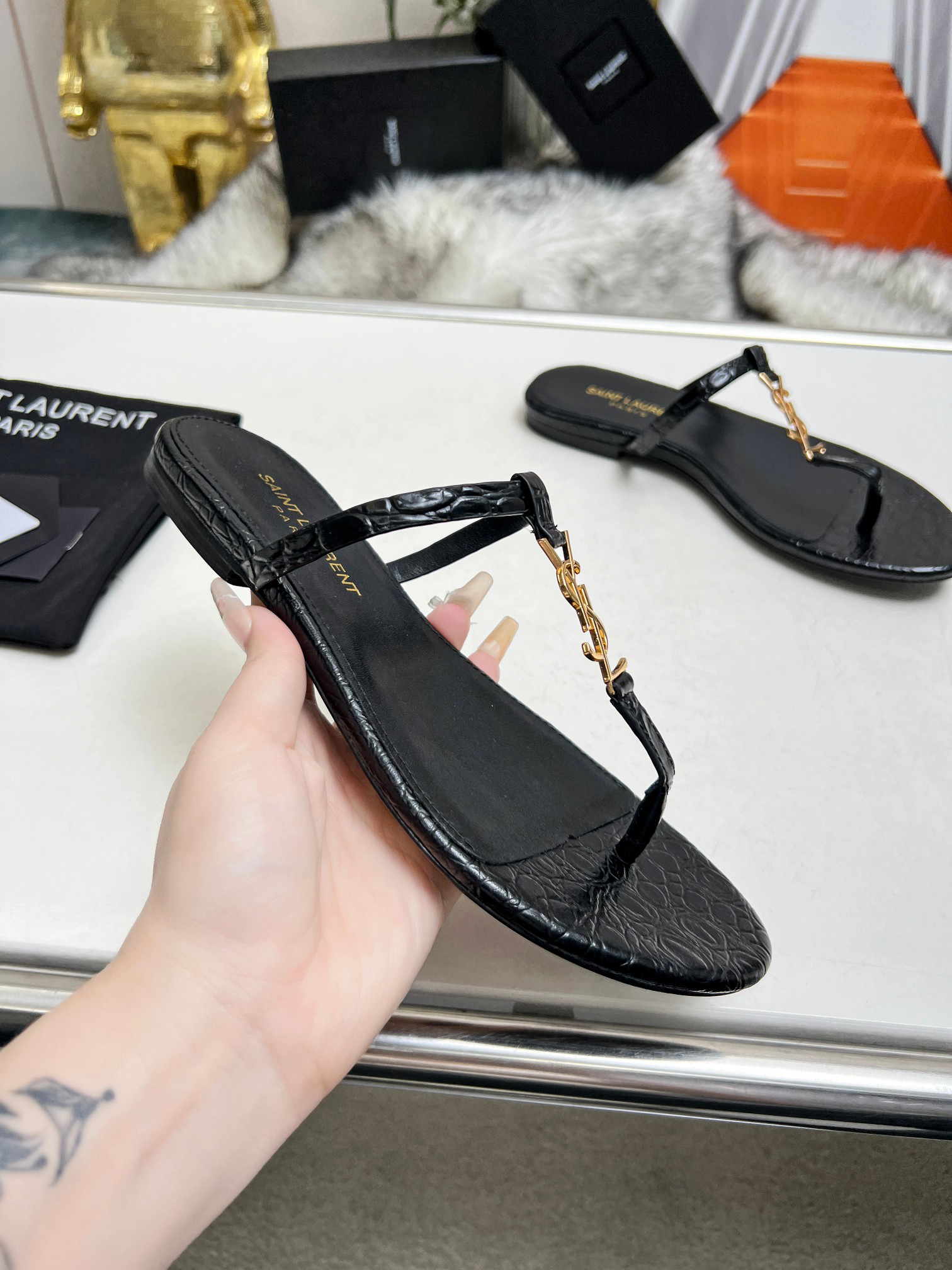 Saint Laurent YSL Lambskin Flip Flops