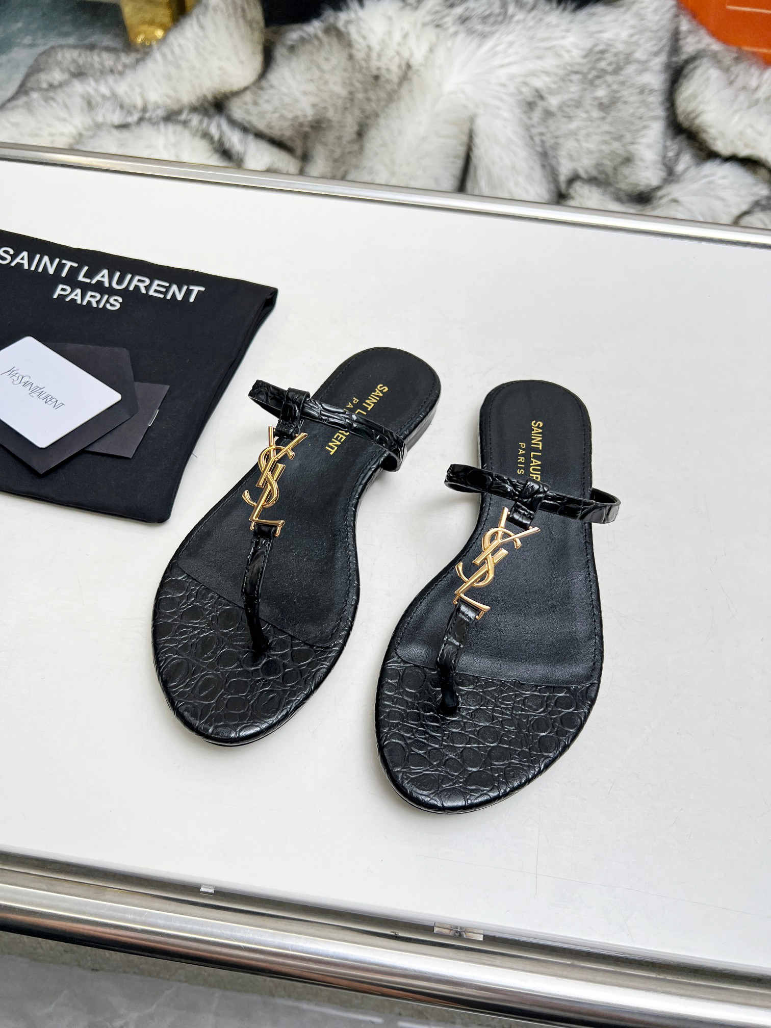 Saint Laurent YSL Lambskin Flip Flops