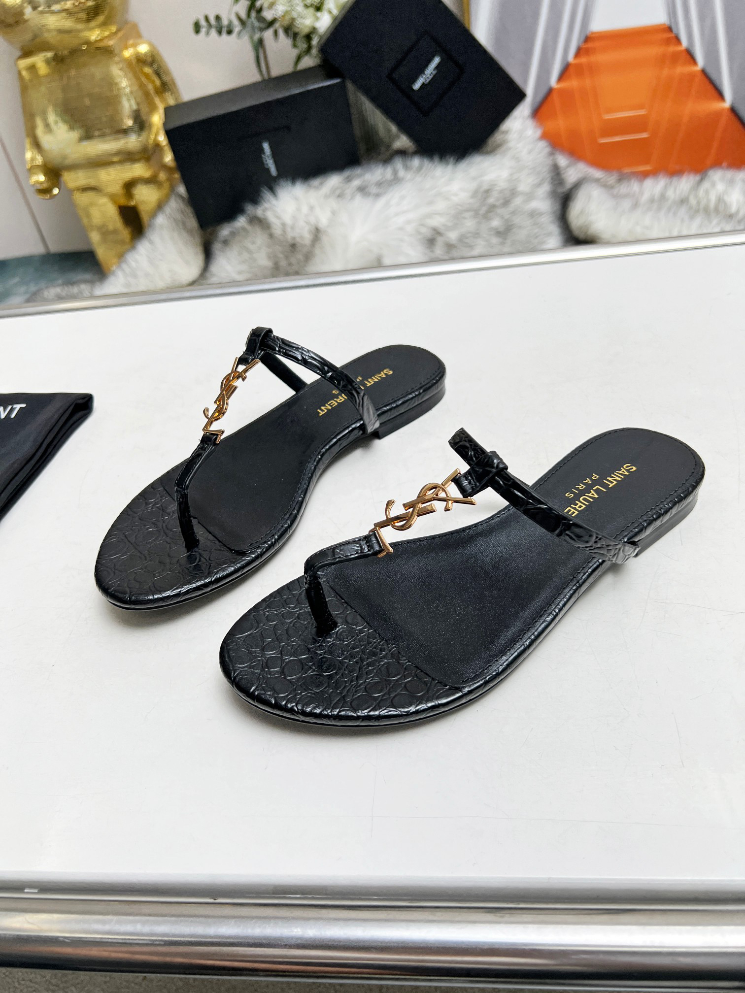 Saint Laurent YSL Lambskin Flip Flops