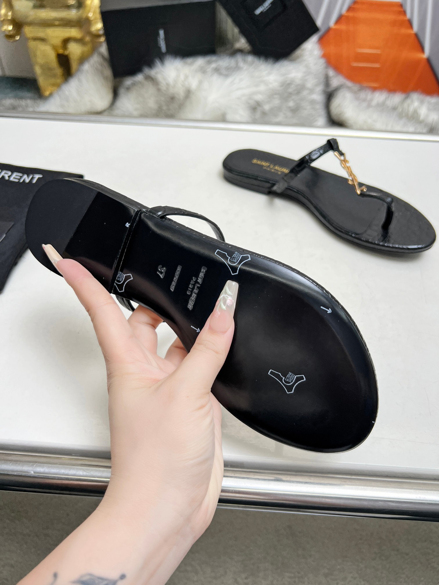 Saint Laurent YSL Lambskin Flip Flops