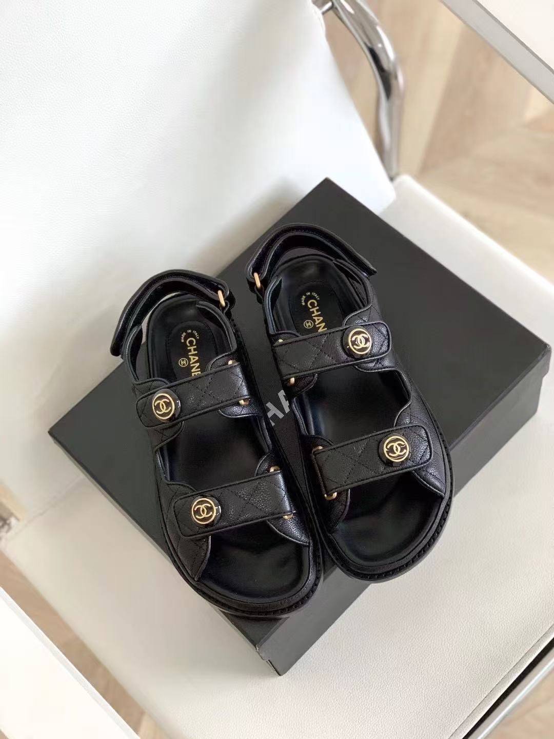 Chanel Cow Oil Leather Velcro Sandals