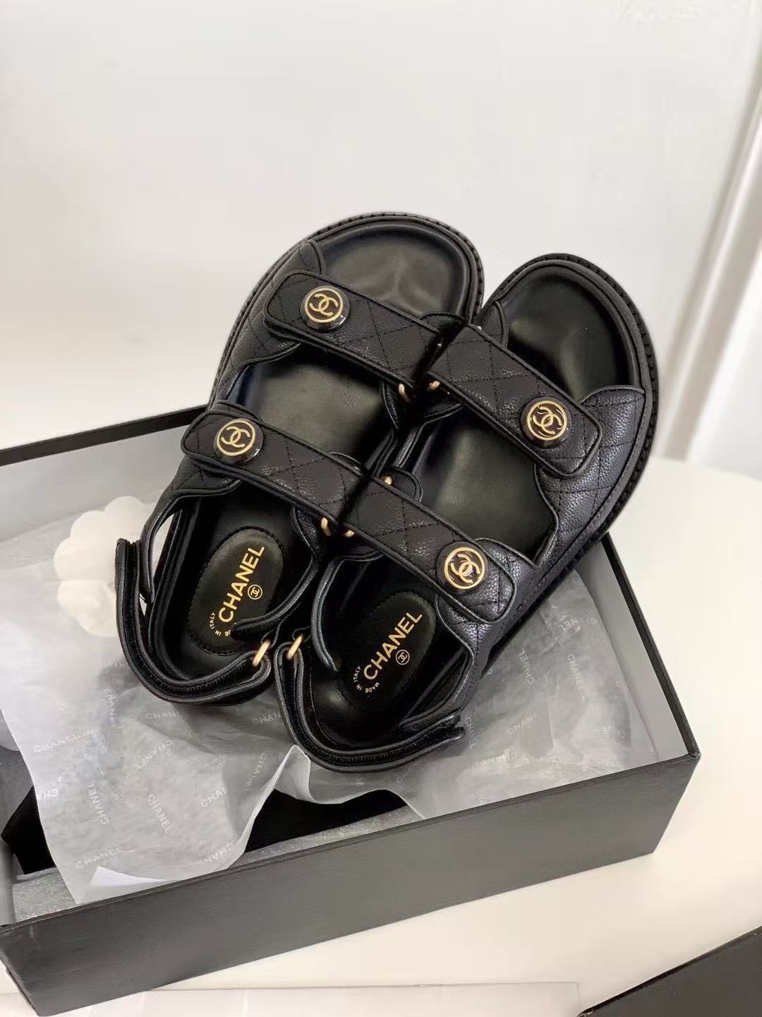 Chanel Cow Oil Leather Velcro Sandals