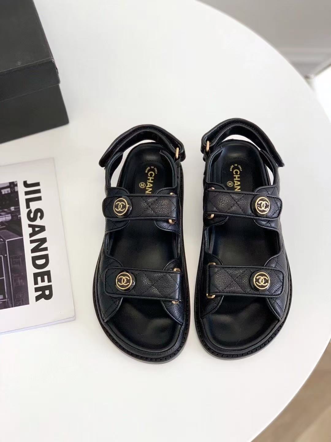 Chanel Cow Oil Leather Velcro Sandals
