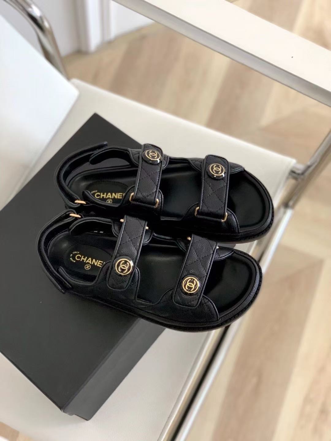 Chanel Cow Oil Leather Velcro Sandals