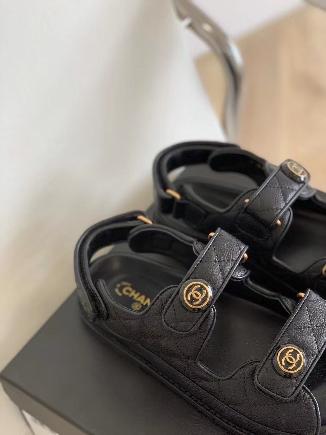 Chanel Cow Oil Leather Velcro Sandals