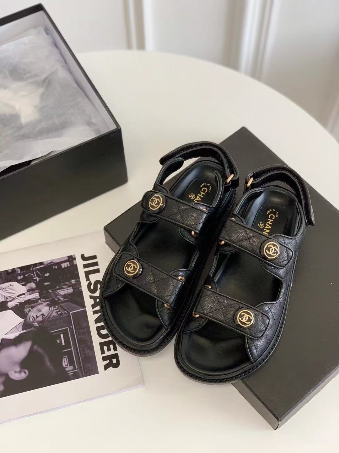 Chanel Cow Oil Leather Velcro Sandals