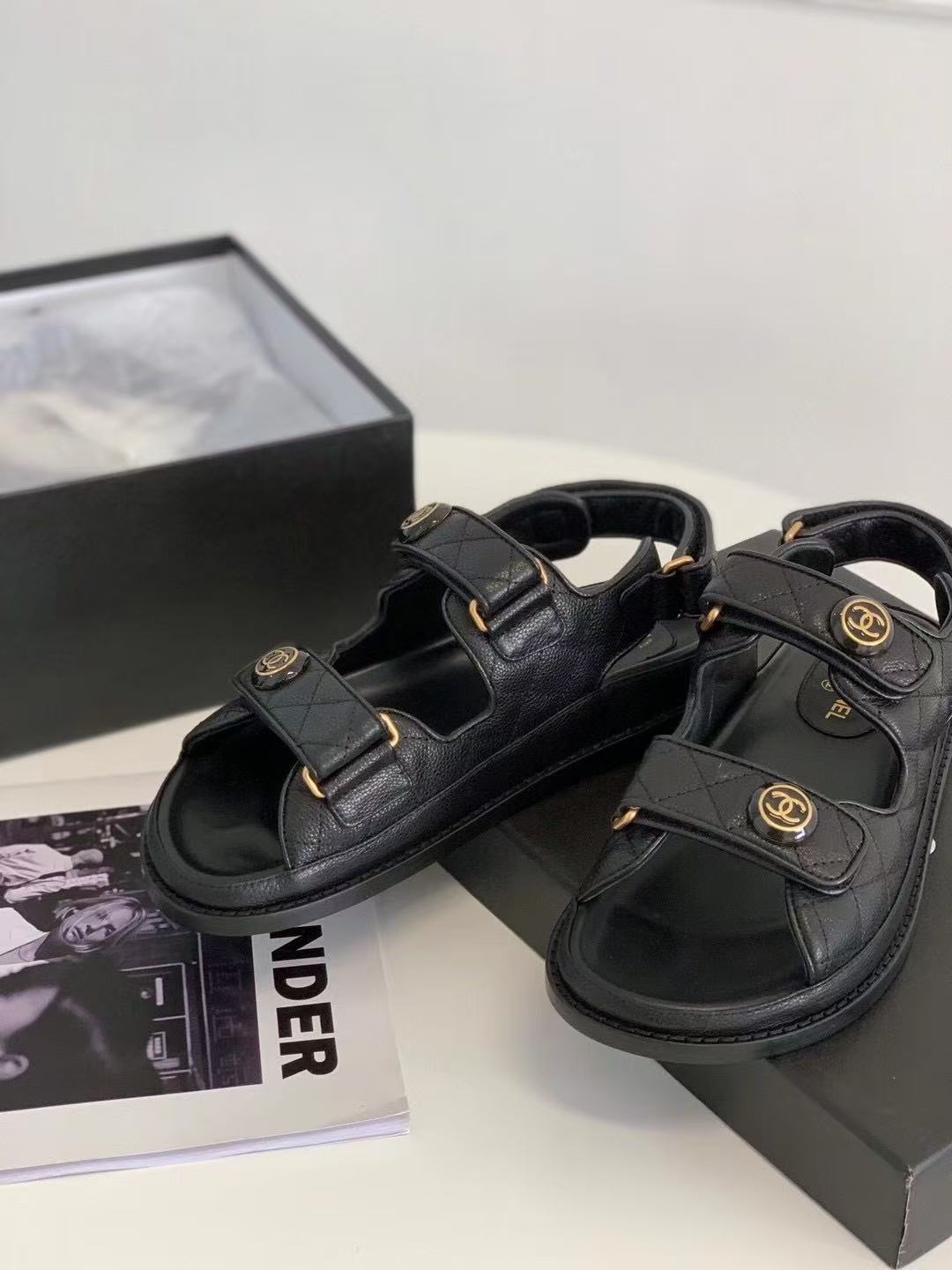 Chanel Cow Oil Leather Velcro Sandals