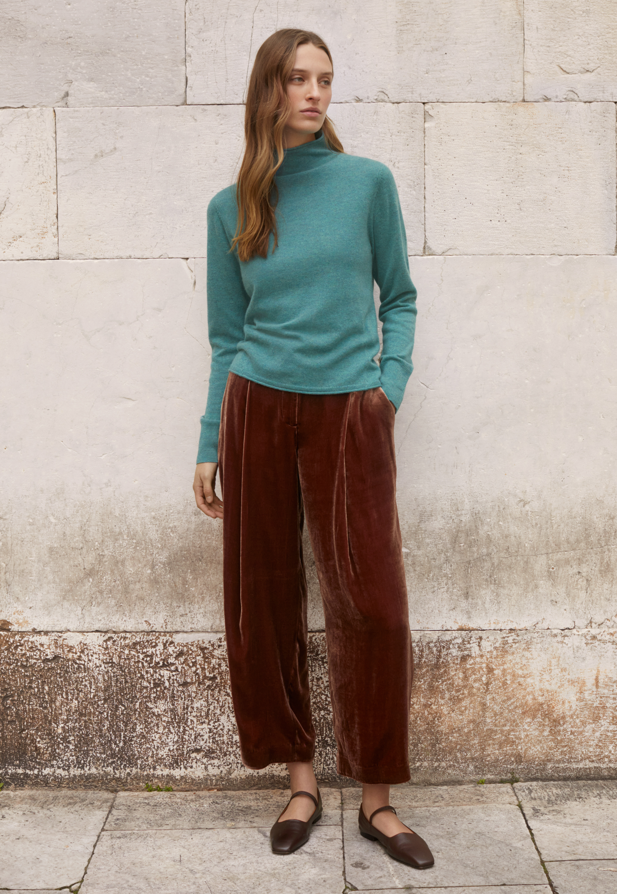 Silk velvet pleat-front trousers