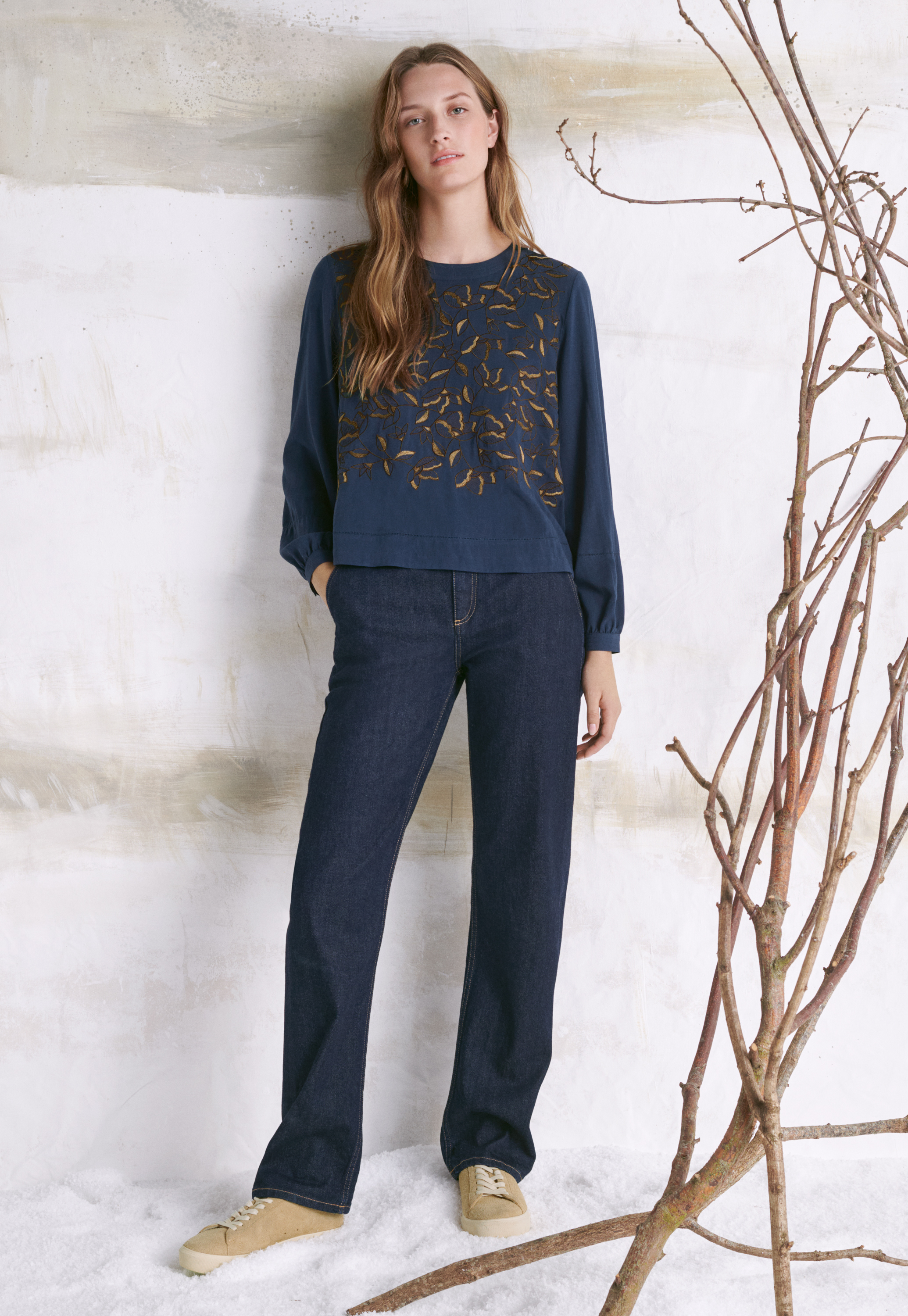Embroidered viscose & linen top