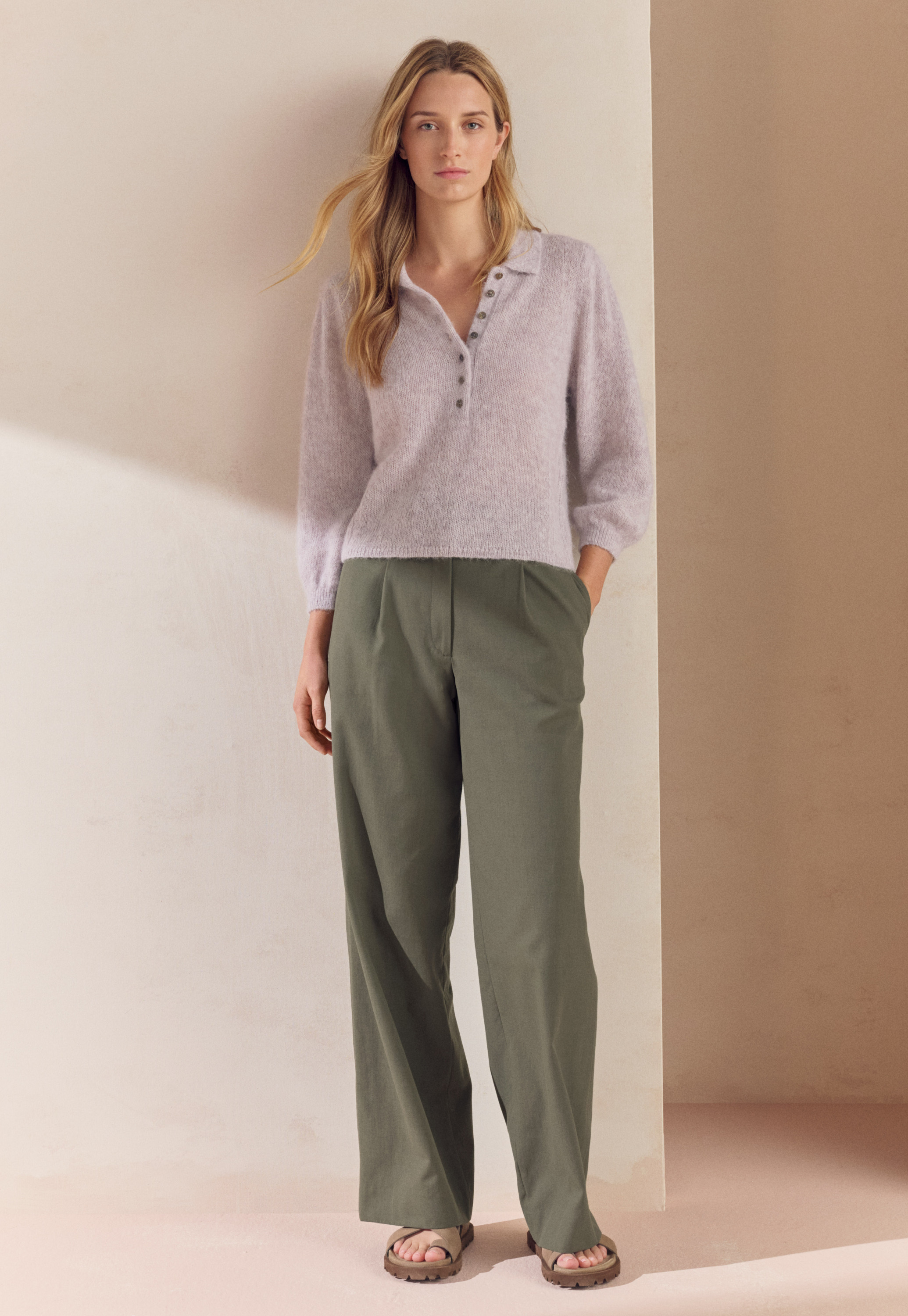 Cotton twill pleat-front trousers