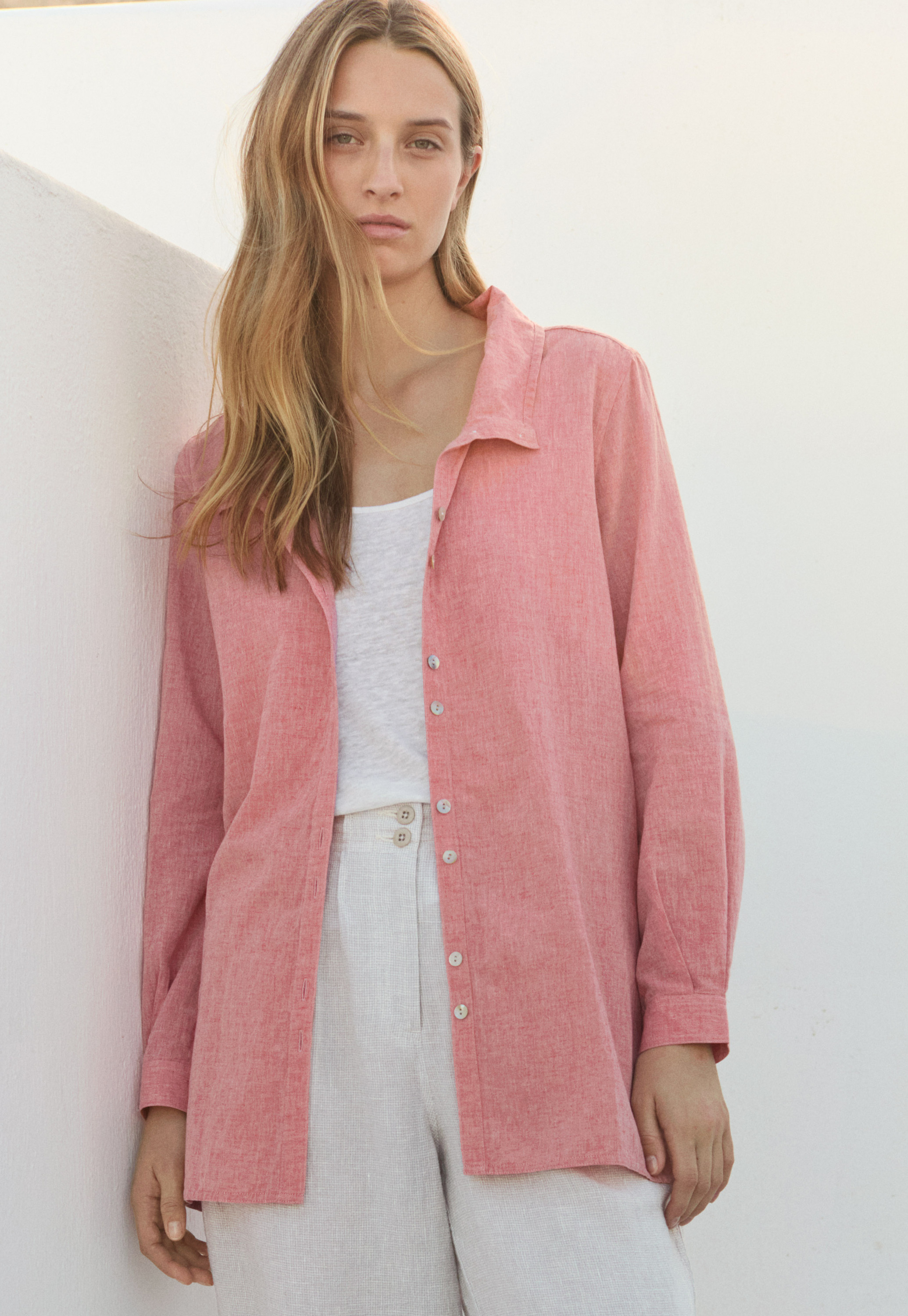 Cotton linen & kapok funnel-neck shirt