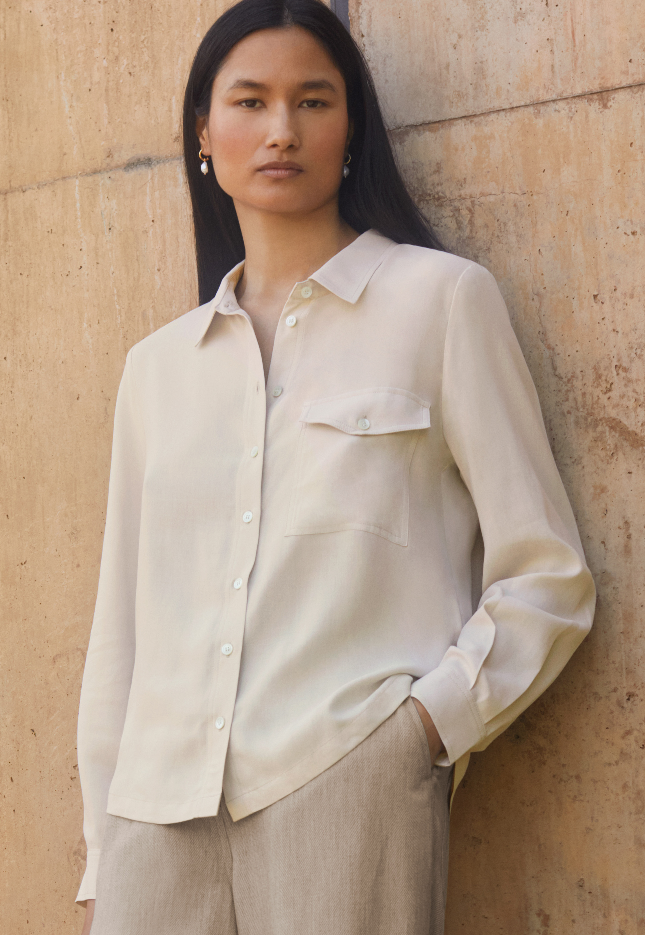 Fuji silk patch-pocket blouse